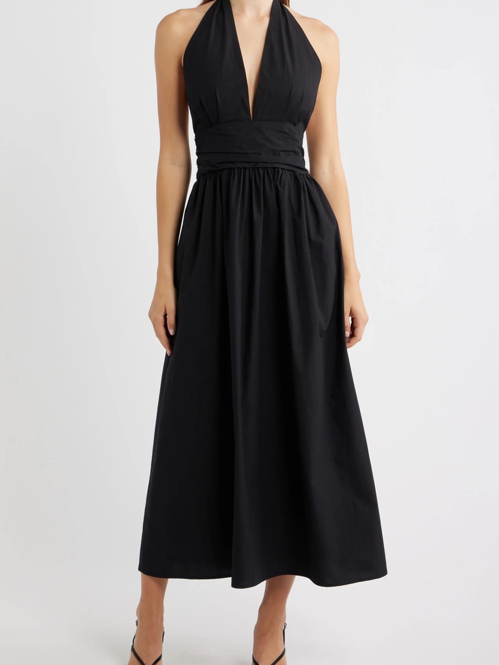 STAUD Cassis Black Cotton Poplin Plunge Halter Midi Dress